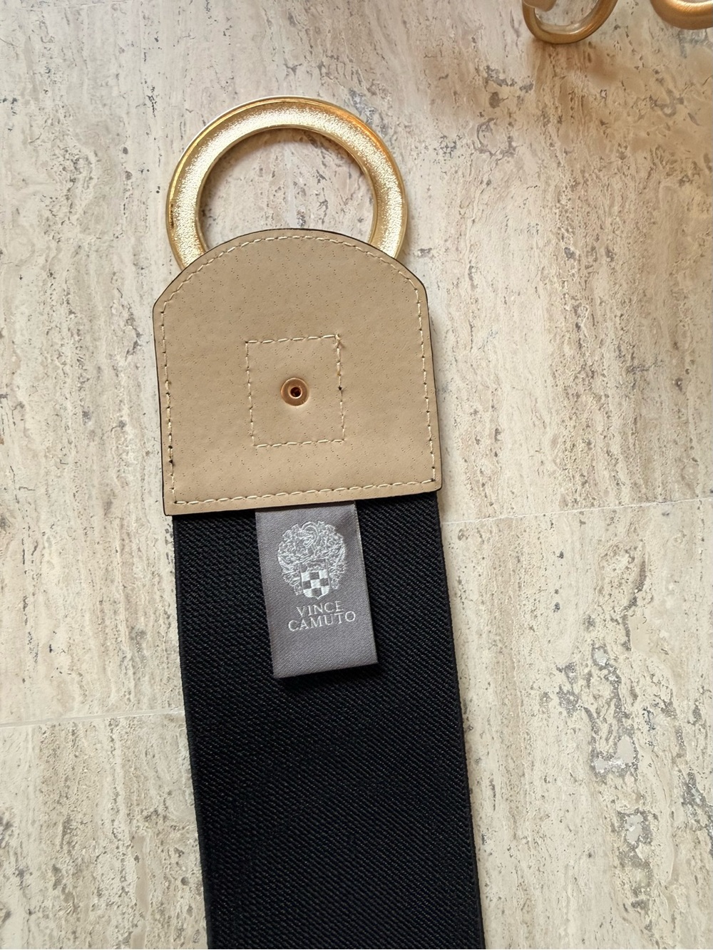 Vince Camuto Black Elastic Belt with Gold Ring Hardware - Picture 5 of 7